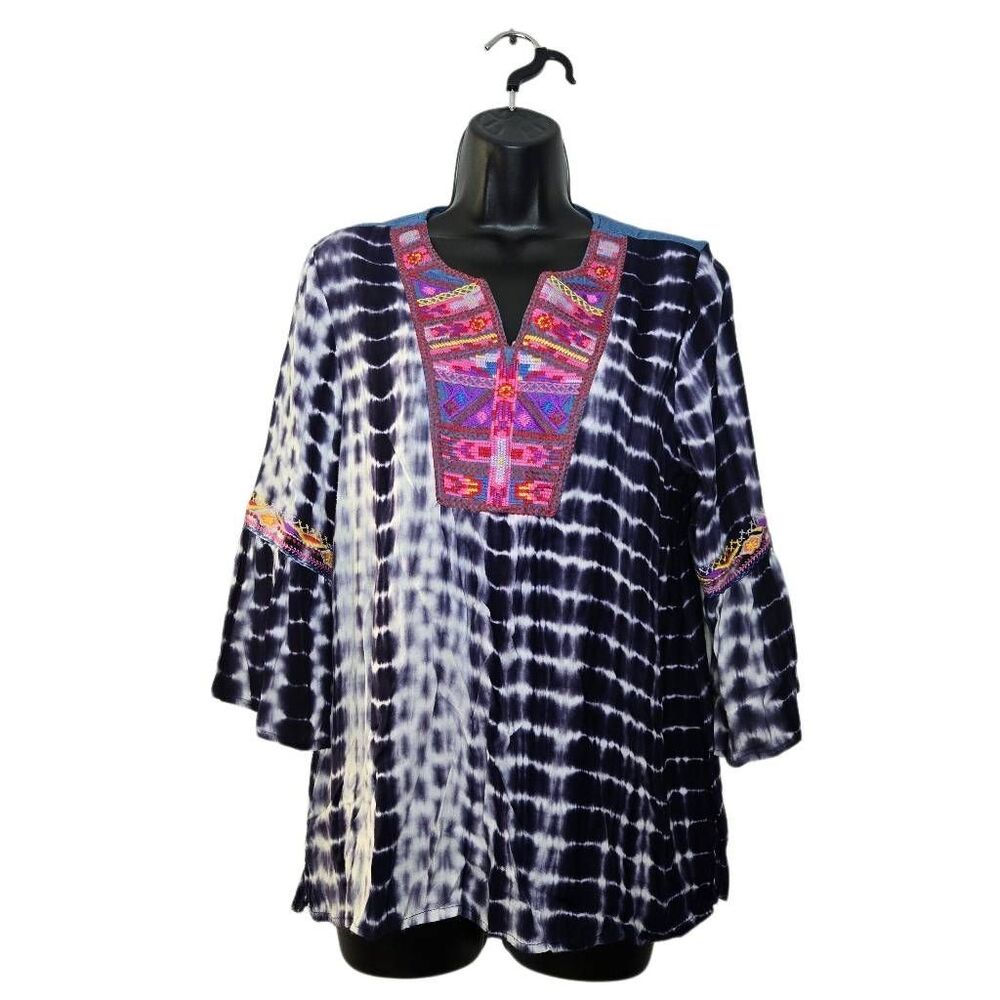 Caleoas Tunic Embroidered Top Size Smal Bohemian Aztec Artsy Bell Sleeve Shirt